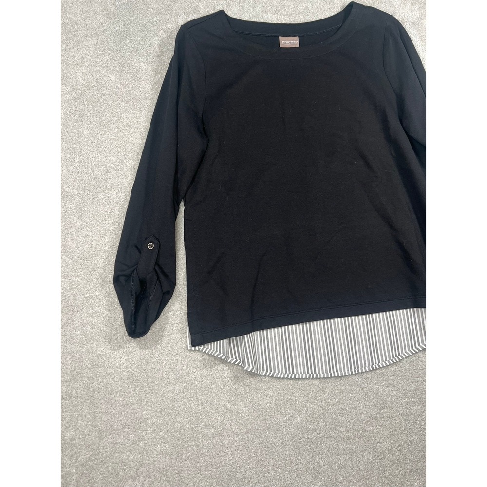 Chico's Black Layered Look Pullover Top Striped Trim Roll Tab Sleeve Size Medium - Picture 4 of 9